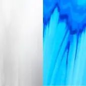 Abstract color block composition of white and swirling blue-turquoise hues, displaying a dynamic, fluid pattern with intersecting dark streaks.