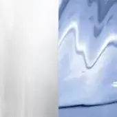 Diptych of white textured field and iridescent indigo swirl with white wave highlight, glossy reflective surface, studio lighting.
