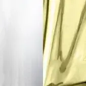 Material swatches, white and olive green, showcase smooth reflective and crinkled metallic textures, with color labels at the bottom.