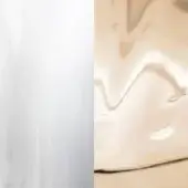 White and beige color swatches, matte white on left, swirling viscous beige pattern on right, contrasting textures and tones.