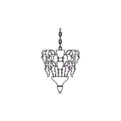 Piume suspension lamp, black line drawing, tiered shades, cylindrical body, chain suspension, layered plume design, conical base.