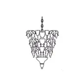 Piume suspension lamp, black line drawing, tiered cascading design with plume-like leaf elements and conical central form.
