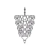Piume suspension lamp, black line drawing, tiered conical design with cascading plume-like, cup-shaped elements suspended from a chain.
