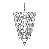 Piume suspension lamp, black and white line drawing, tiered conical shape with cascading light fixtures and rounded base.