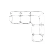Modular sectional sofa line drawing, rectangular cushions, L-shape, minimalist design, white background, technical illustration.