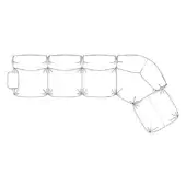 Modular sectional sofa line drawing, rectangular cushions, L-shape configuration, tufted detail, white background, technical illustration.