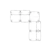 Modular seating diagram, white background, cylindrical sections in L-shape, radiating lines suggest quilted texture, minimalist technical illustration.