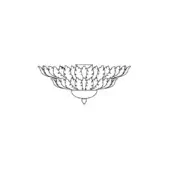 Ceiling lamp, white line drawing, shallow bowl shade with radiating feather-like pattern and central circular mounting point.