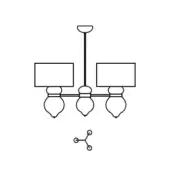 Medina suspension lamp, black line drawing, three arms with teardrop shades, minimalist geometric design, electrical connector diagram.