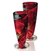 Red and grey glass twister drinking glasses, conical shape, swirling ribbon pattern, clear flared rim, glossy finish, studio lighting.