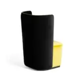 Black velvet high-back armchair with yellow velvet seat detail, curved form, studio shot, modern design, rounded base.