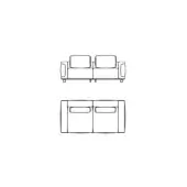 Two-seater sofa line drawing, rectangular form, square legs, white background, minimalist design, front and side views shown.