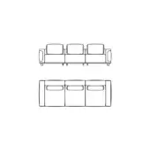 Three-seater sofa line drawing, rectangular form, box cushions, cylindrical legs, front and side views, white background.