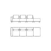 Modular sofa line drawing, gray, rectangular cushions on low base with square backrests and legs, side and front views shown.