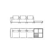 Modular sofa line drawing, black and white, showing assembled four-module linear form and detailed construction schematic with grid structure.