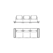 Three-seater sofa line drawing, black on white, displaying front and structural views with square backrests and modular rectangular seating.
