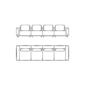 Sectional sofa technical drawing, monochrome lines, modular design with five square units, low profile, rectangular base, top and side views.