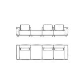 Modular sofa line drawing, black on white, showing three rectangular units with square cushions, low profile, and minimalist geometric design.