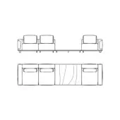 Modular sectional sofa line drawing, gray, three units with vertical seams, paired with a low media console featuring a curved central panel.