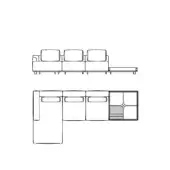 Modular sofa system line drawing, black outline, rectangular seats, corner unit with grid storage, minimalist design, white background.