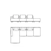 Modular sofa line drawings, gray, rectangular backrests and low bases, shown in linear and L-shape configurations, minimalist design.