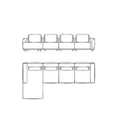 Modular sofa line drawing, black on white, showing rectangular four-seat and L-shaped sectional configurations with cylindrical legs.