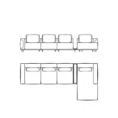 Modular sofa line drawing, white background, square cushions, rectangular armrests, L-shape and linear configurations, minimalist design.