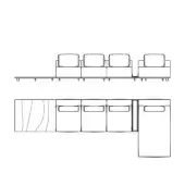 Modular sofa line drawing, black on white, rectangular cushions, L-shape corner, minimalist design, studio technical rendering.