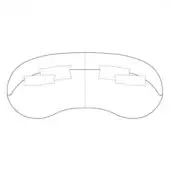 Crescent sofa line drawing, black and white, with rounded form, low back, and rectangular pillows arranged symmetrically across two sections.