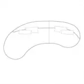 Crescent sofa line drawing, white background, sectional design with rectangular cushions, smooth rounded form, schematic rendering.