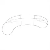 Curved sectional sofa line drawing, white background, three segments with rectangular cushions, elongated crescent shape, modern minimalist design.