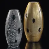 Vases, silver and gold textured glass, elongated shape with crackled finish and dark oval inclusions against a black backdrop.
