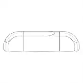 Sofa line drawing, white background, rectangular form with curved armrests, modular design suggestion, simplified studio rendering.