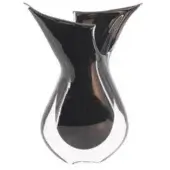 Black glass vase with sculptural flared opening and clear rounded base, polished finish, product label visible, white background.