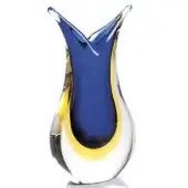 Blue and amber glass Fifi vase, teardrop shape with flared opening, clear glass layering, reflective high-gloss finish, white background.