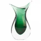 Glass vase, emerald green interior, layered asymmetrical shape with clear glass exterior, artisanal striations, polished finish.