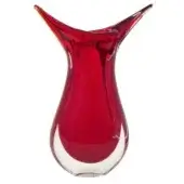 Red glass Fifi vase, organic shape, flared neck, clear base, high-gloss finish, contemporary sculptural form, white background.
