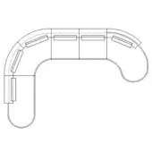 Modular office desk line drawing, L-shape with curved extension, rectangular sections, rounded corners, recessed top edge, minimalist design.