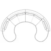 Curved modular workstation drawing, six desks in semi-circle, recessed monitor areas, continuous linear frame, monochromatic schematic design.