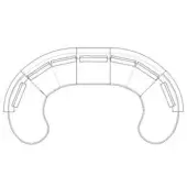 Curved modular seating schematic, black lines on white, seven rectangular sections forming a semi-circle with two smaller extensions, labeled "comp. c".