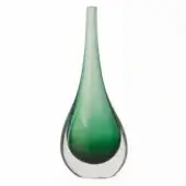 Green glass vase, polished goccia shape, features emerald gradient transitioning to clear glass, minimalist sculptural design.