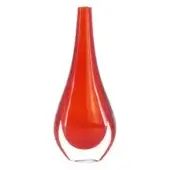 Red glass vase, polished finish, teardrop shape with narrow neck and rounded body against a white backdrop.
