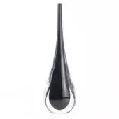 Glass vase, polished black, teardrop shape with wide base and slender neck, minimalist sculptural design, glossy finish, white background.