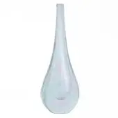 Glass vase, clear iridescent finish, teardrop shape with slender neck and wide base, smooth reflective surface, minimalist sculptural design.