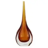 Glass vase, amber-brown to translucent topaz, teardrop shape with frosted band, polished surface, studio lighting, white background.