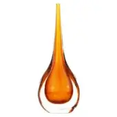 Orange glass vase, “goccia” model, features a teardrop shape with amber gradient and hand-blown striations on a white background.