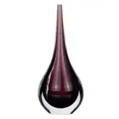 Glass vase, amethyst purple, teardrop shape with gradient from dark base to light neck, smooth reflective surface.