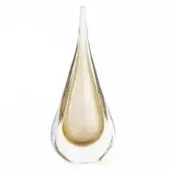 Glass vase, polished fumè finish, teardrop shape with amber core, clear outer layer, smooth surface, minimalist sculptural design, studio shot.
