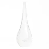 Glass vase, transparent goccia design, teardrop shape with a wide base and slender neck, studio lighting, clear reflections.