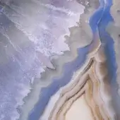 Abstract artwork featuring concentric light-brown and beige layers with lavender, pink, and blue washes in a striated, blurred composition.